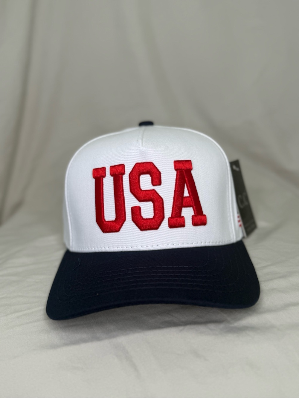 C.C White Trucker Cap with Navy Top Button